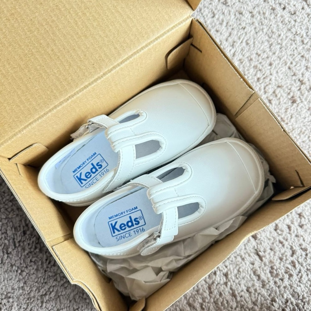 Keds Kids White T-Strap Memory Foam Sneakers